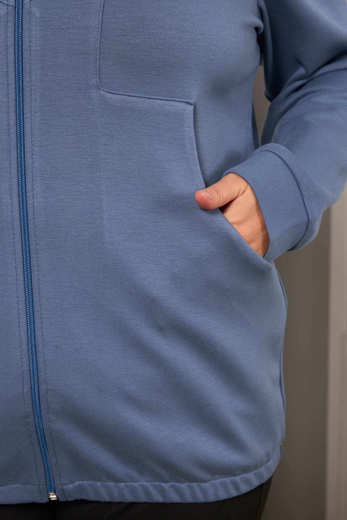 Cep Detaylı Büyük Beden Sweatshirt İndigo