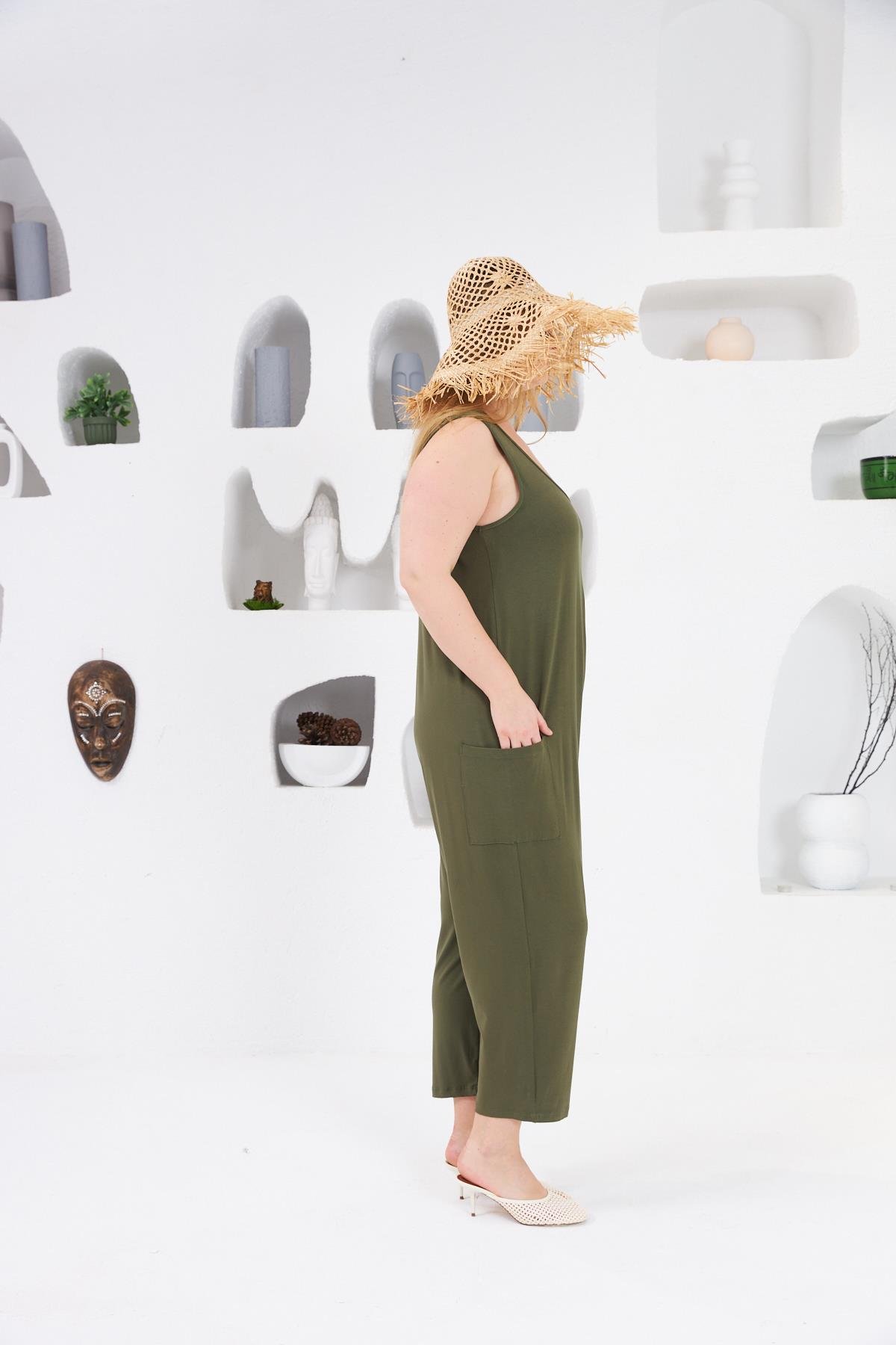 Cep Detaylı Büyük Beden Tulum Haki