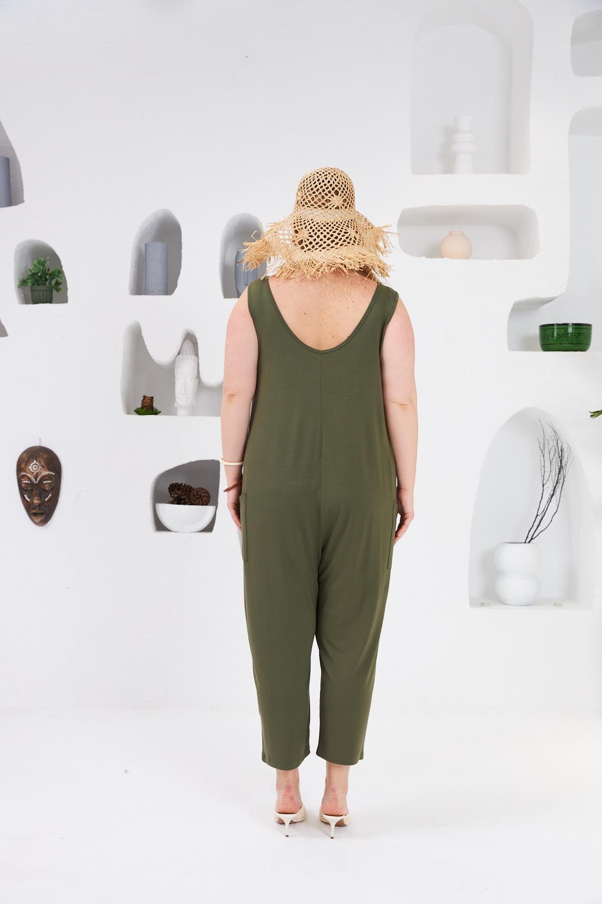 Cep Detaylı Büyük Beden Tulum Haki