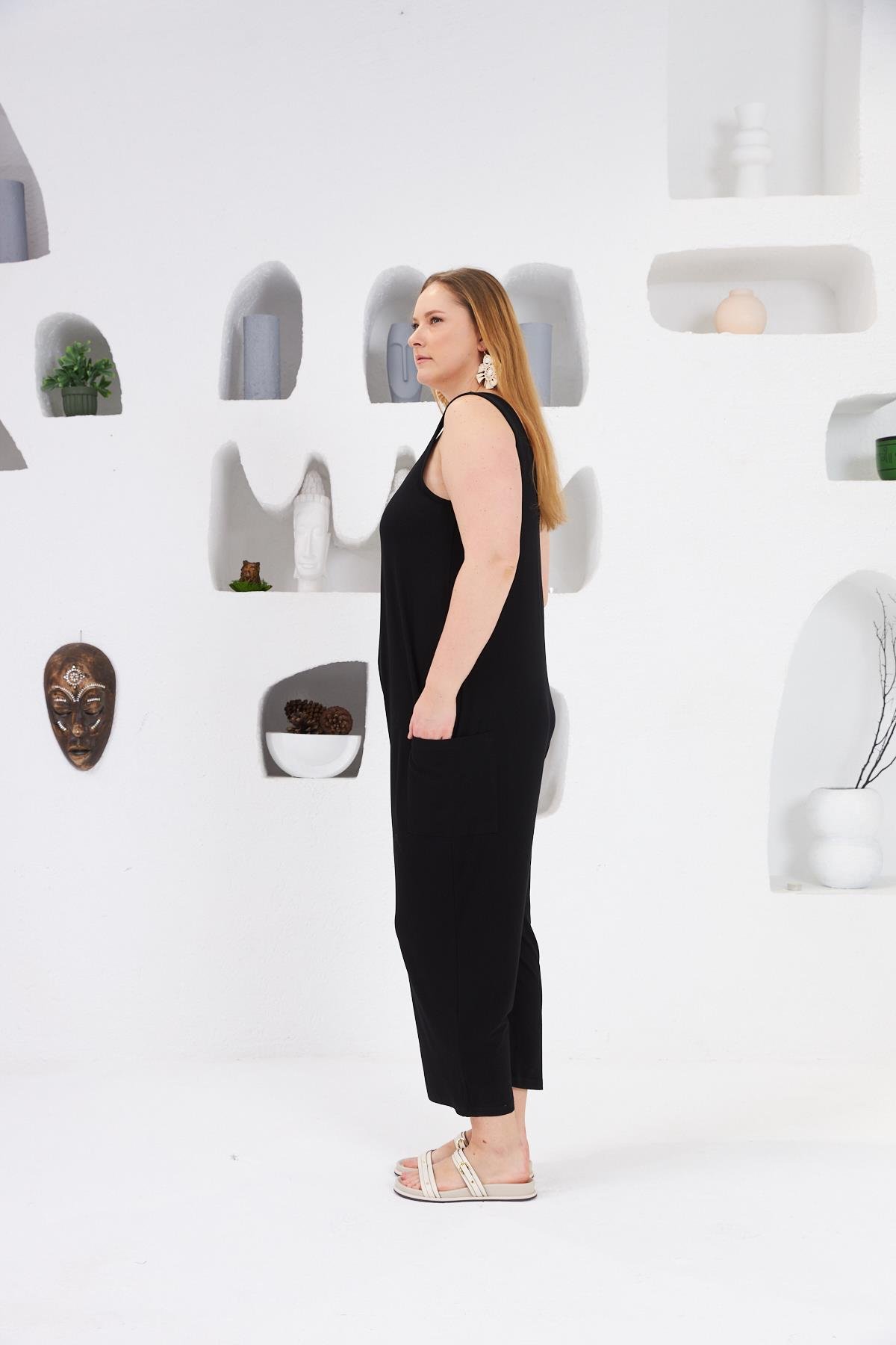 Cep Detaylı Büyük Beden Tulum Siyah