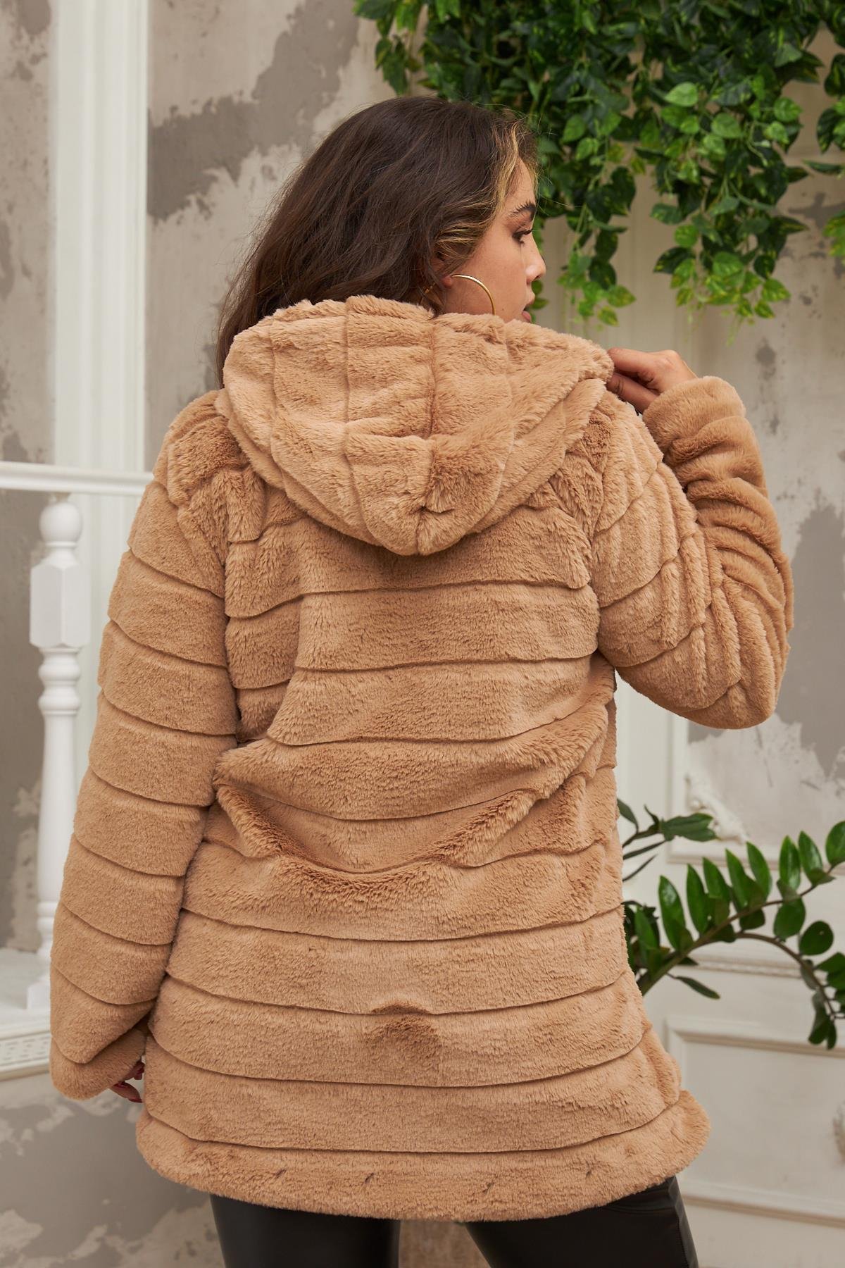 Cep Detaylı Büyük Beden Uzun Taba Peluş Vizon - RMG