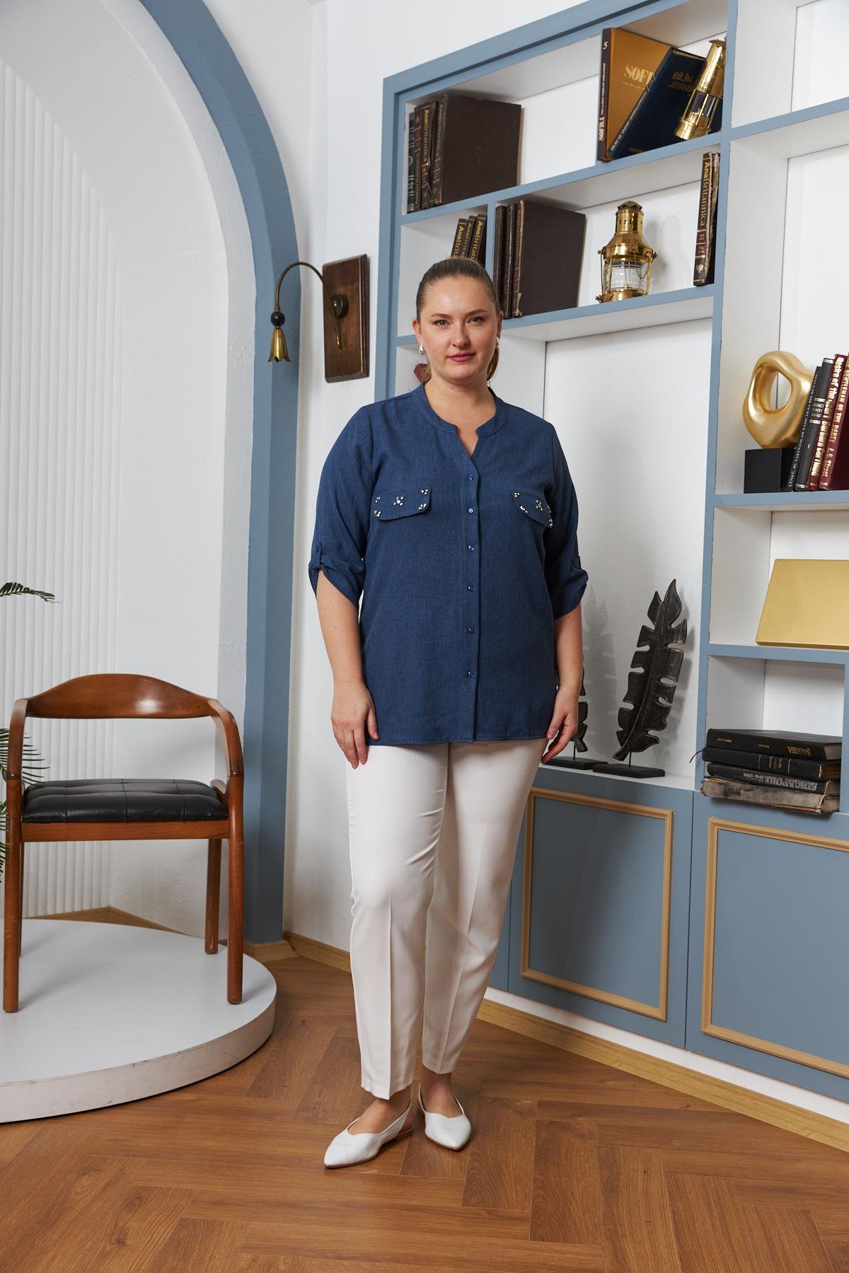 Cep Kapak Taş Detaylı Büyük Beden Gömlek İndigo