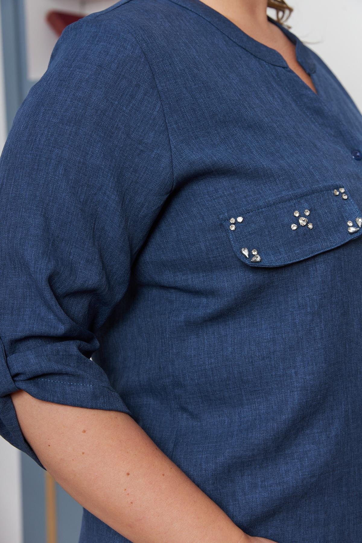 Cep Kapak Taş Detaylı Büyük Beden Gömlek İndigo