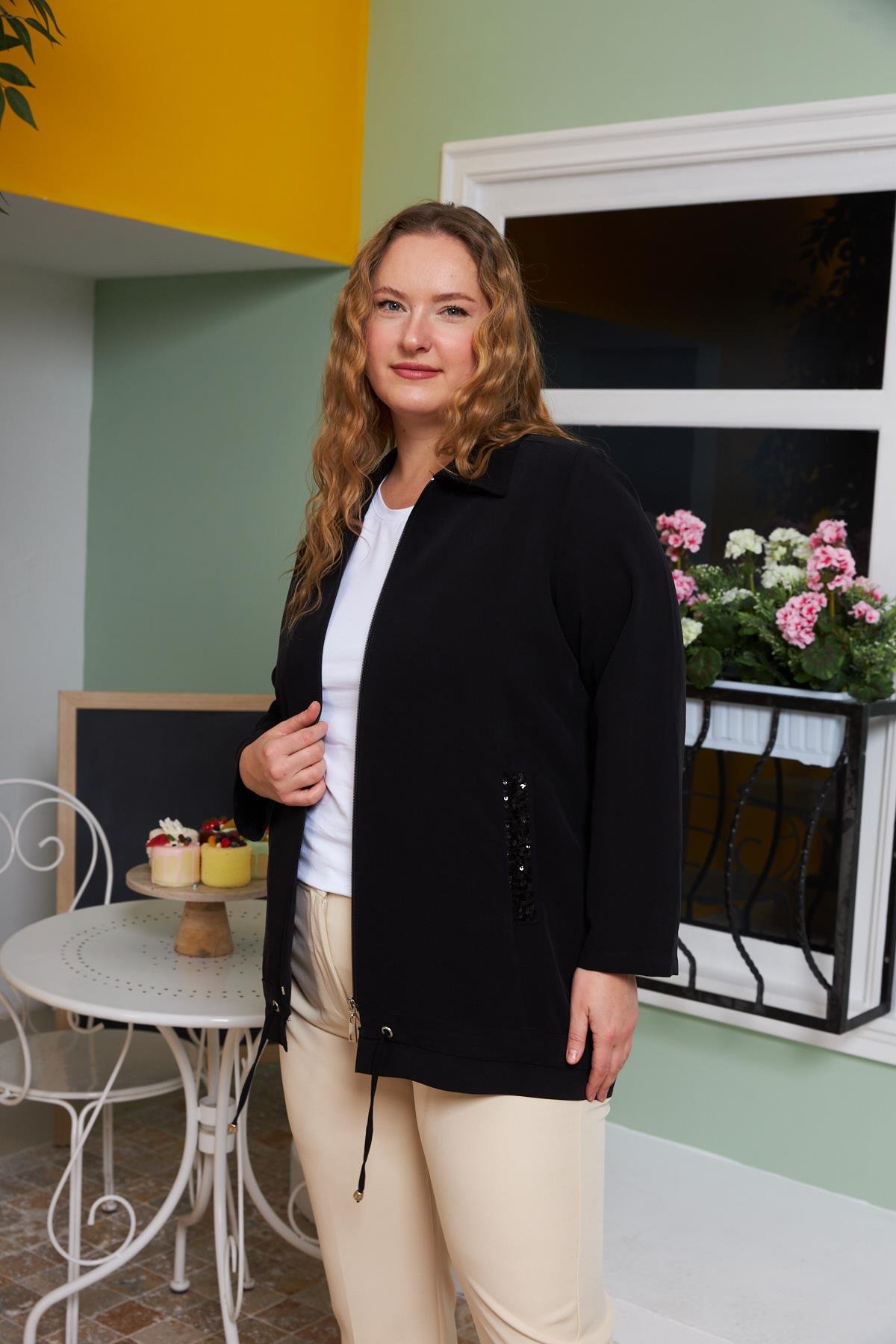 Cep Pul Payet Detaylı Büyük Beden Ceket Siyah