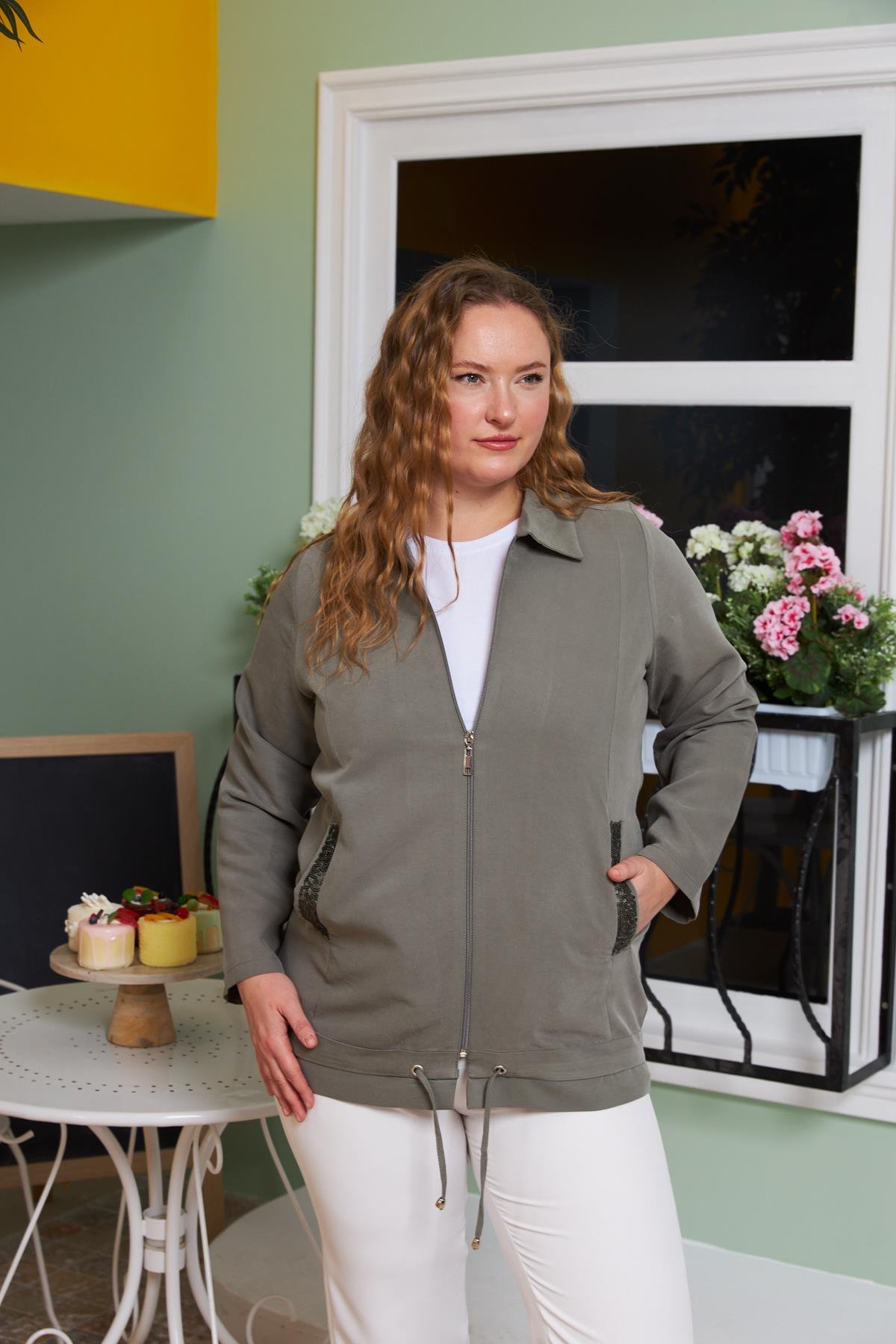 Cep Pul Payet Detaylı Büyük Beden Ceket Haki