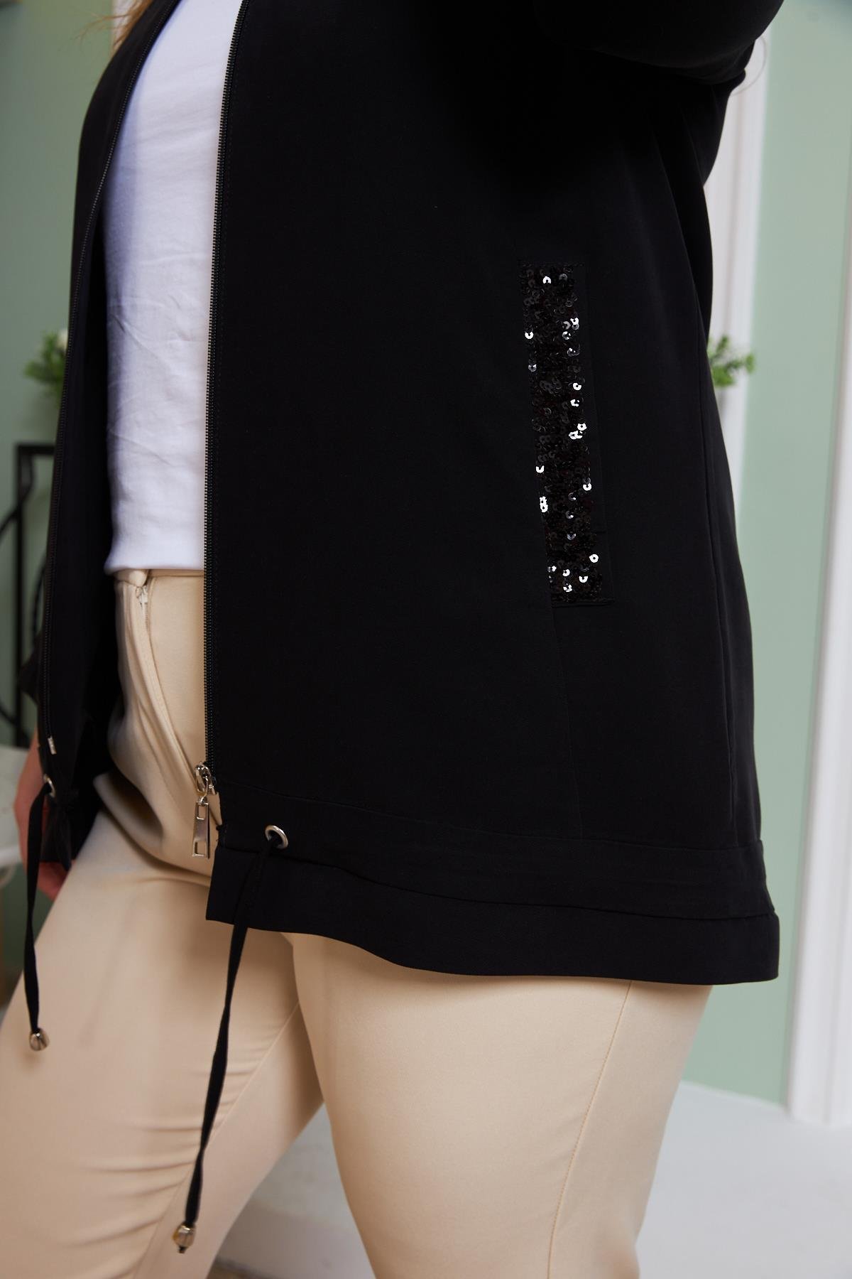 Cep Pul Payet Detaylı Büyük Beden Ceket Siyah