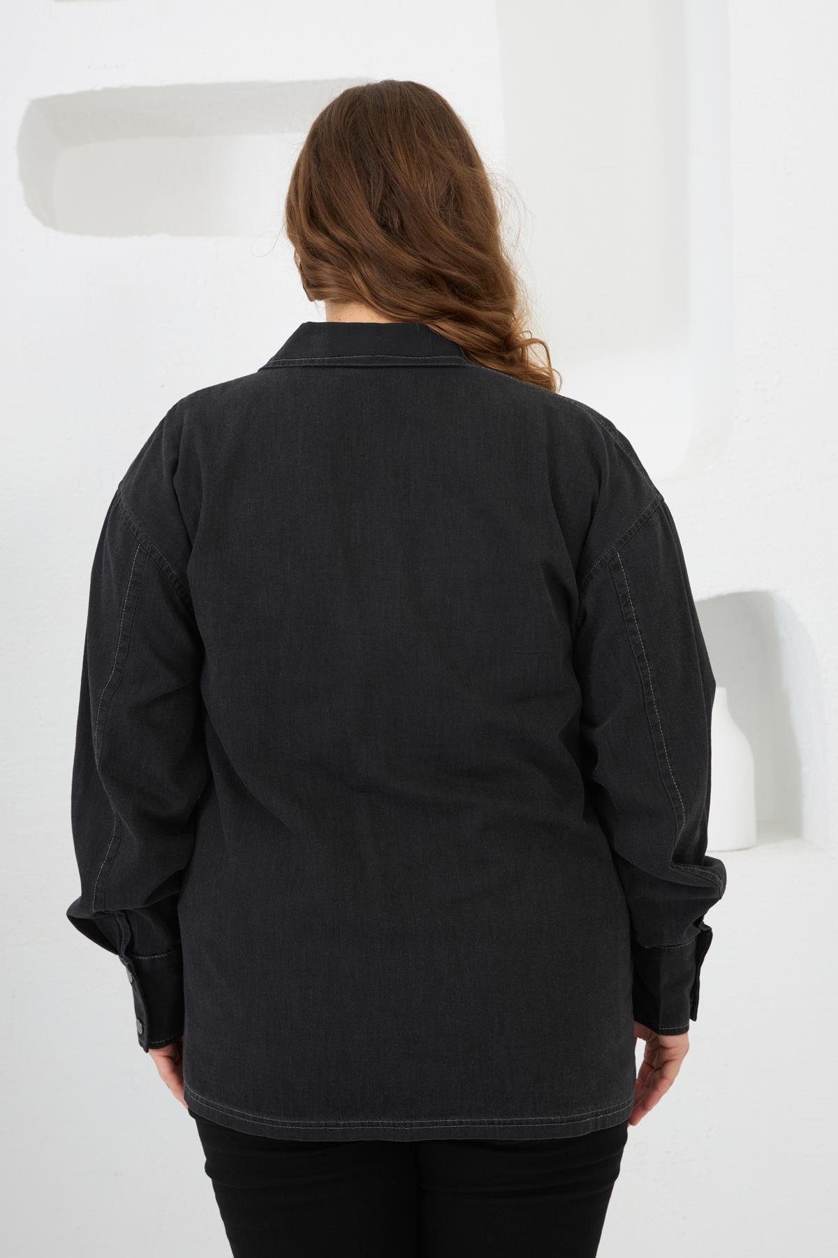 Cep Taş Detaylı Büyük Beden Gömlek Füme