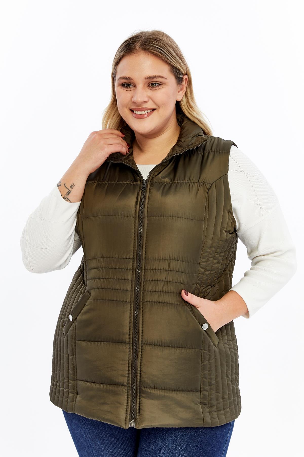 Cepli Büyük Beden Kapitone Yelek Haki