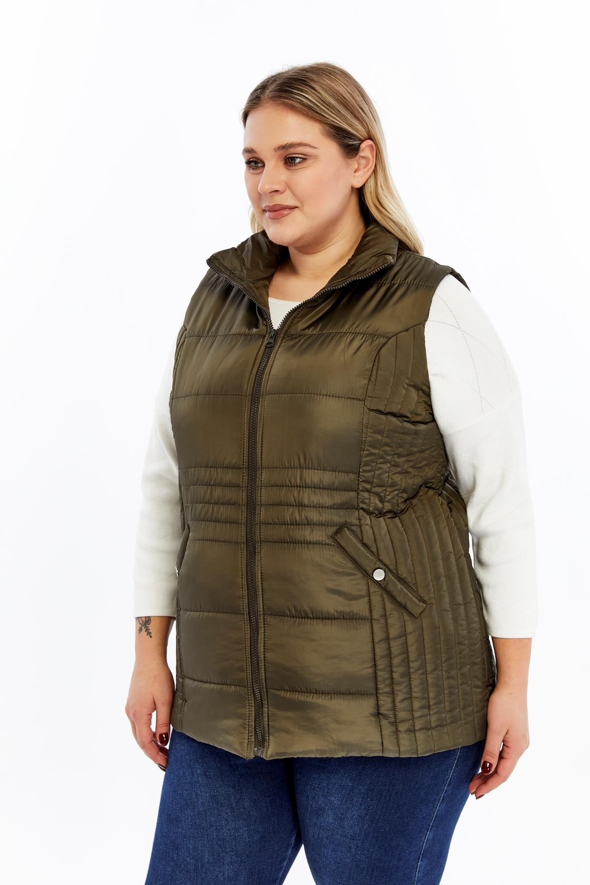 Cepli Büyük Beden Kapitone Yelek Haki