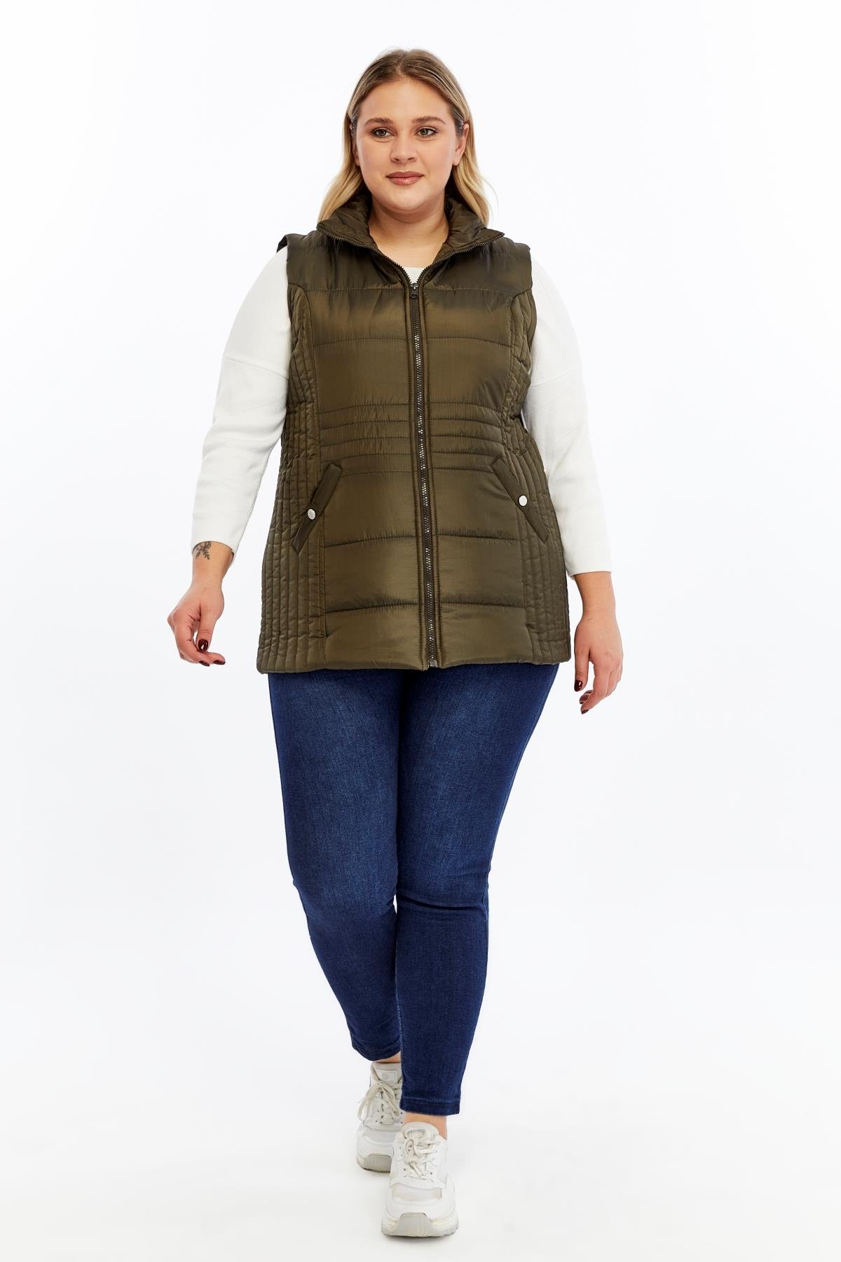 Cepli Büyük Beden Kapitone Yelek Haki