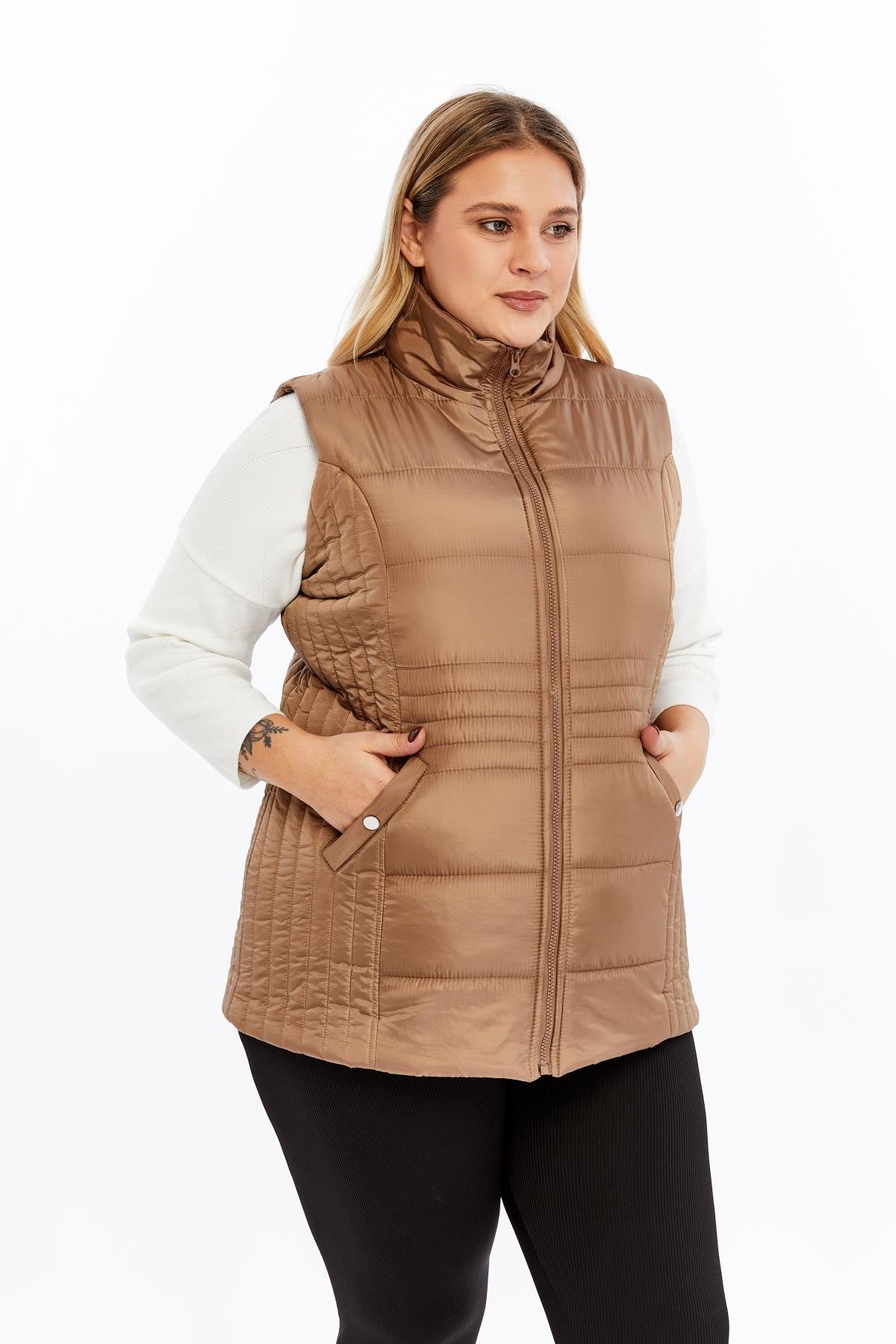 Cepli Büyük Beden Kapitone Yelek Vizon