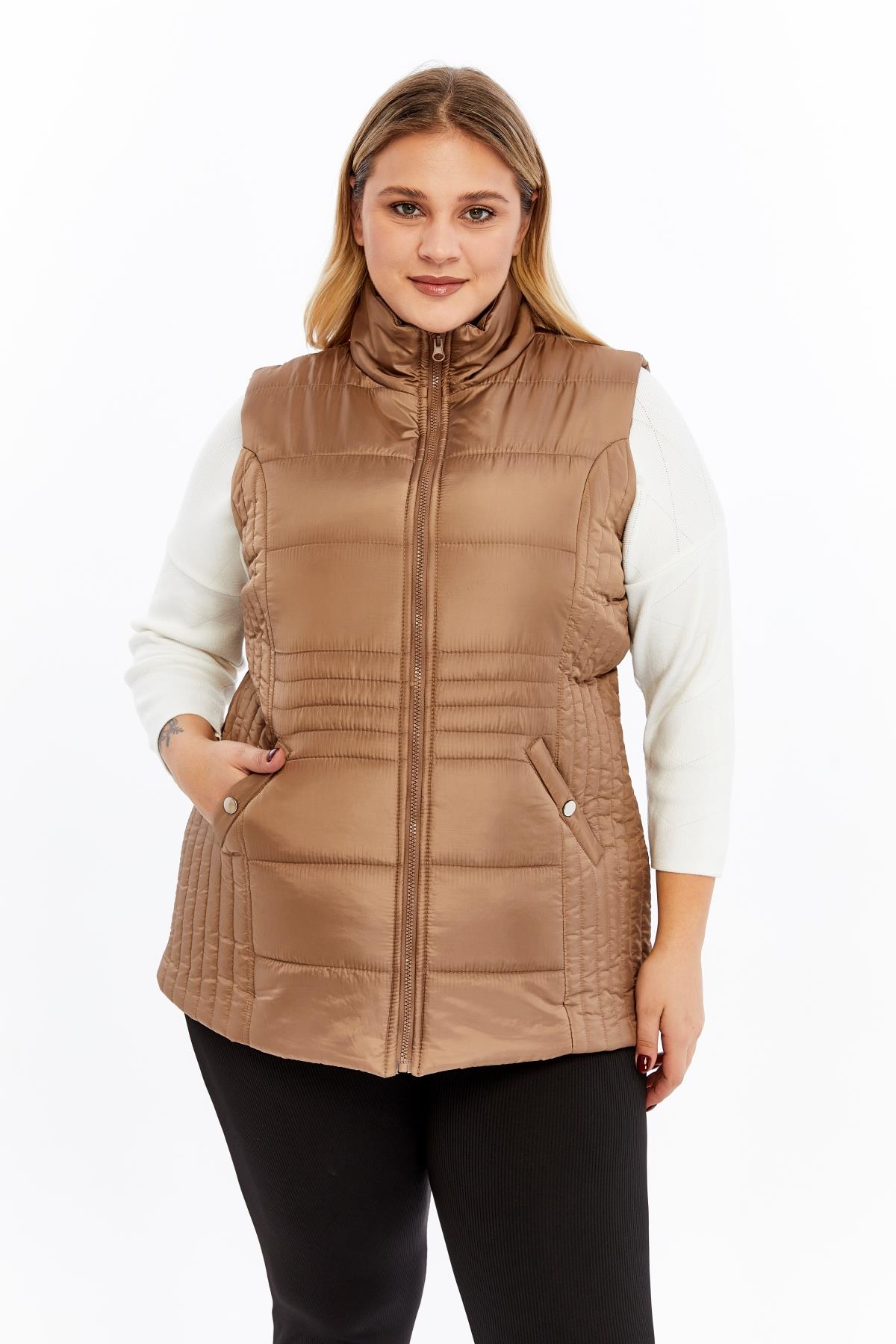 Cepli Büyük Beden Kapitone Yelek Vizon