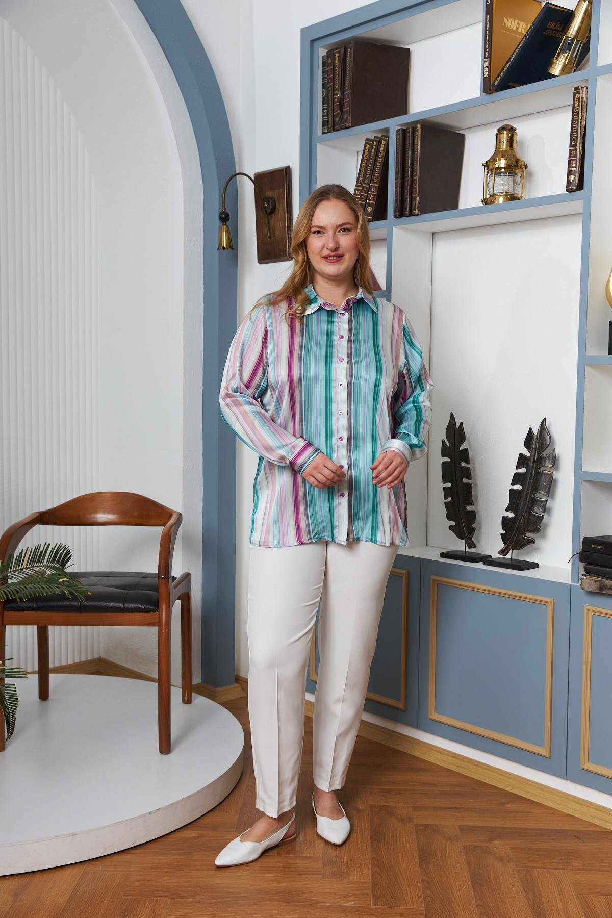 Çizgi Desenli Büyük Beden Saten Gömlek Lila