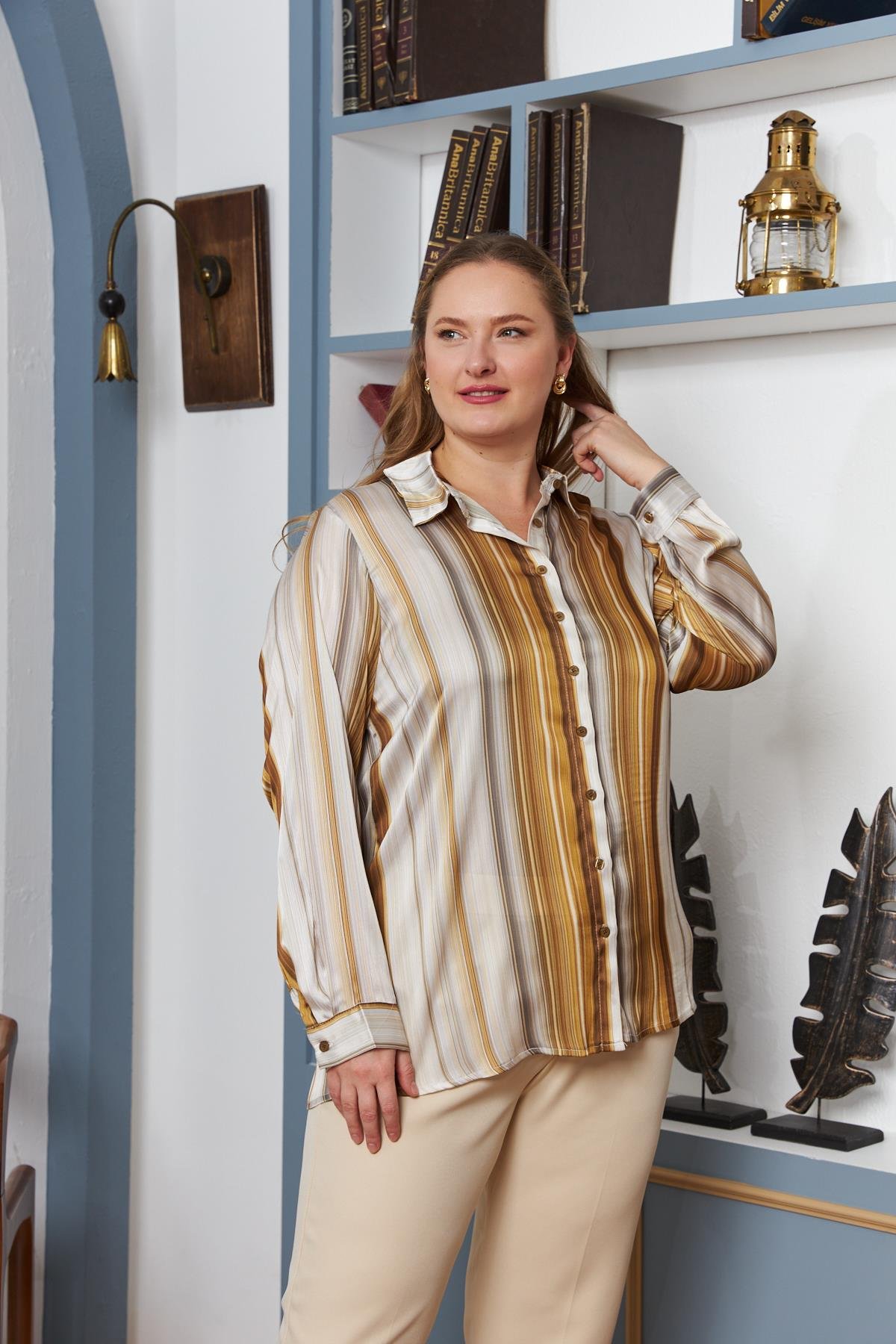 Çizgi Desenli Büyük Beden Saten Gömlek Hardal