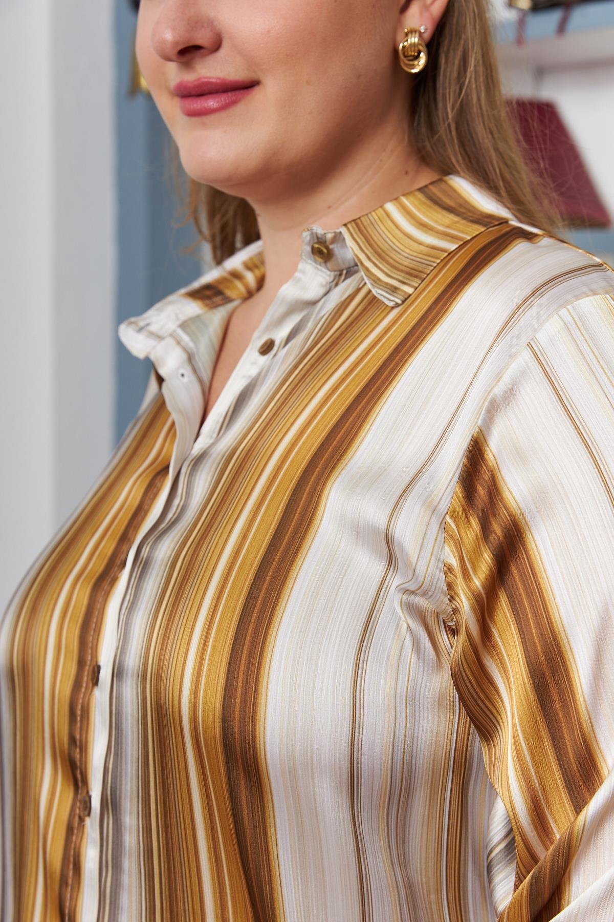 Çizgi Desenli Büyük Beden Saten Gömlek Hardal