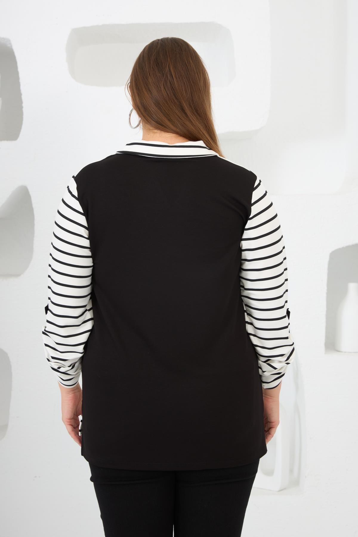 Çizgili Gömlek Yaka Büyük Beden Sweat Beyaz