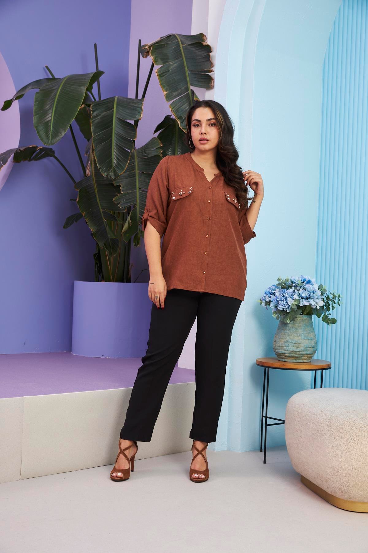 Rmg Cep Kapak Taş Detaylı Büyük Beden Kahve Gömlek