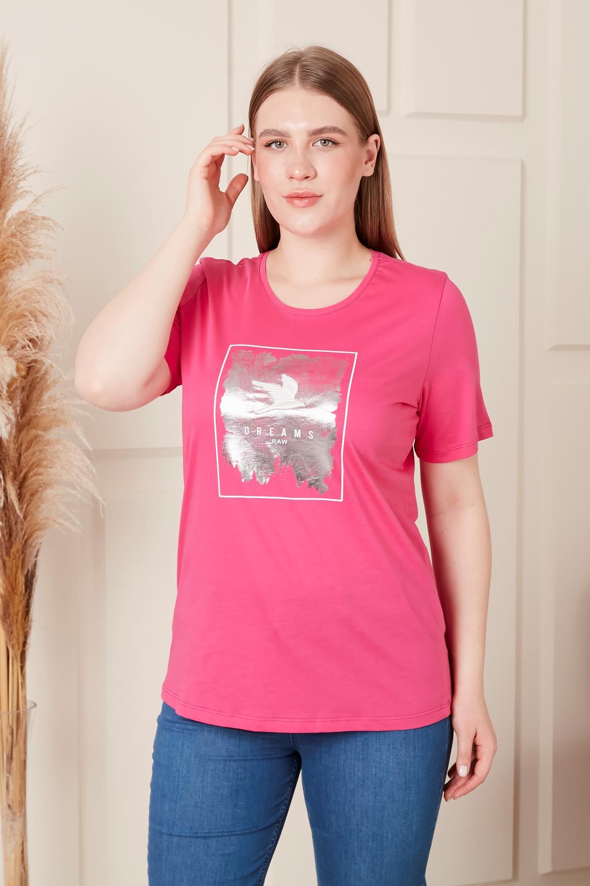 Rmg Nakış İşlemeli Baskılı Büyük Beden Fuşya Tişört