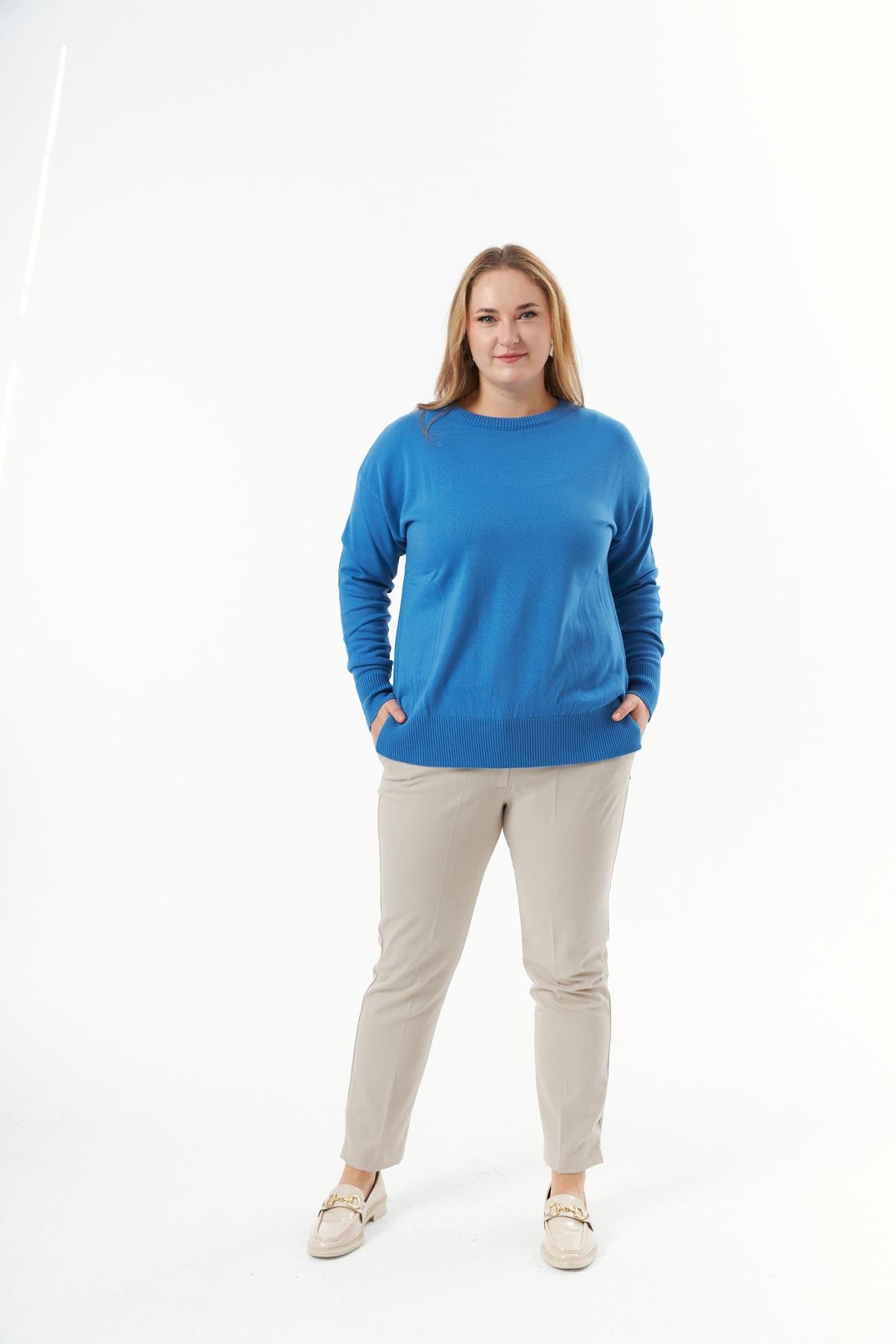 Büyük Beden Bisiklet Yaka Triko Kazak İndigo