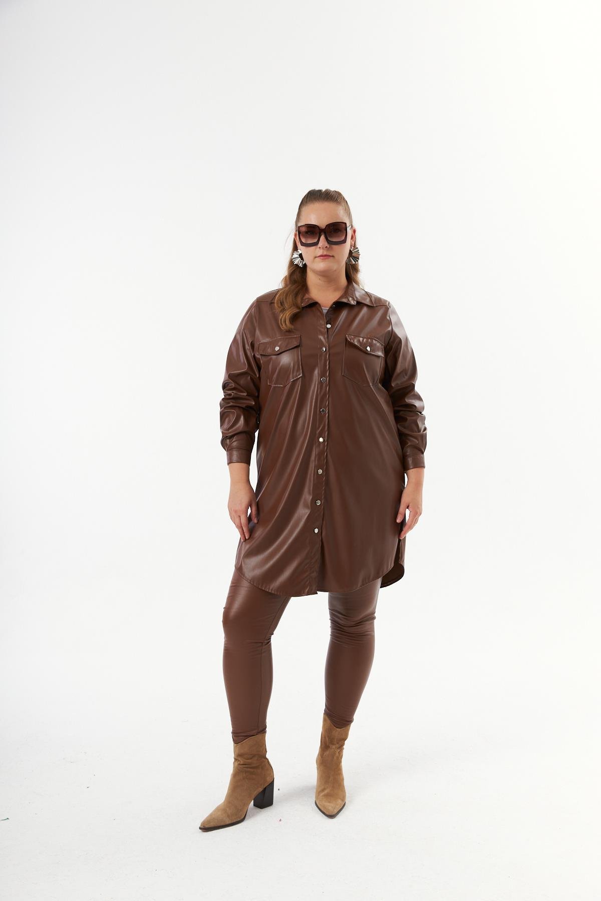 Büyük Beden Deri Gömlek Tunik Camel