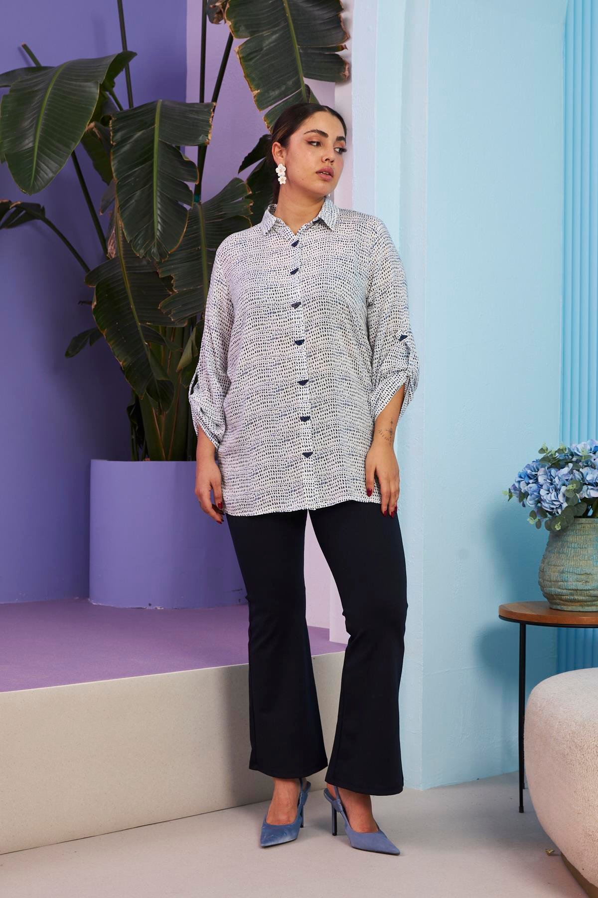 Rmg Düğme Detaylı Nokta Desenli Büyük Beden İndigo Gömlek