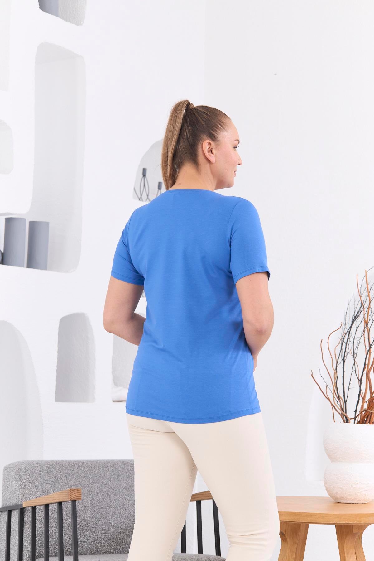 Rmg Yıldız Taş İşlemeli Büyük Beden İndigo Tişört