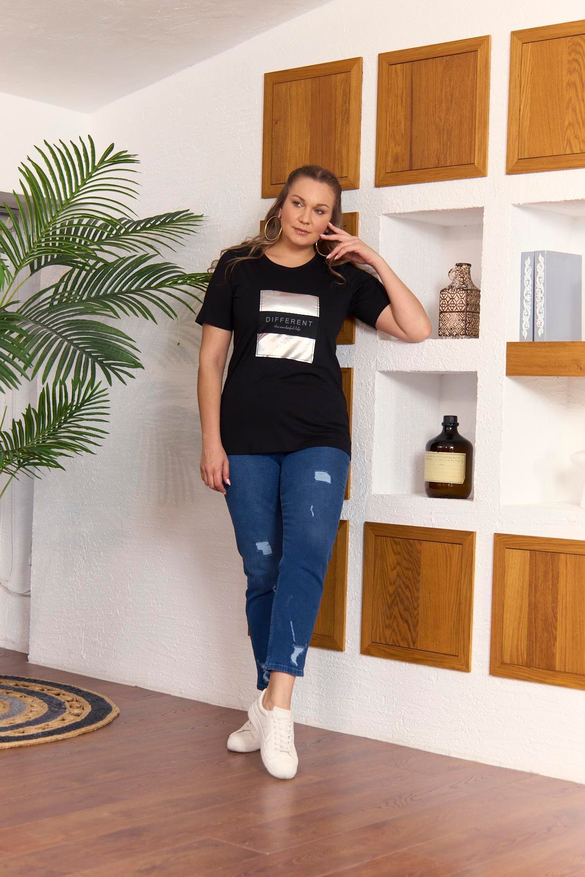 Rmg Varak Baskılı Büyük Beden Siyah Tişört