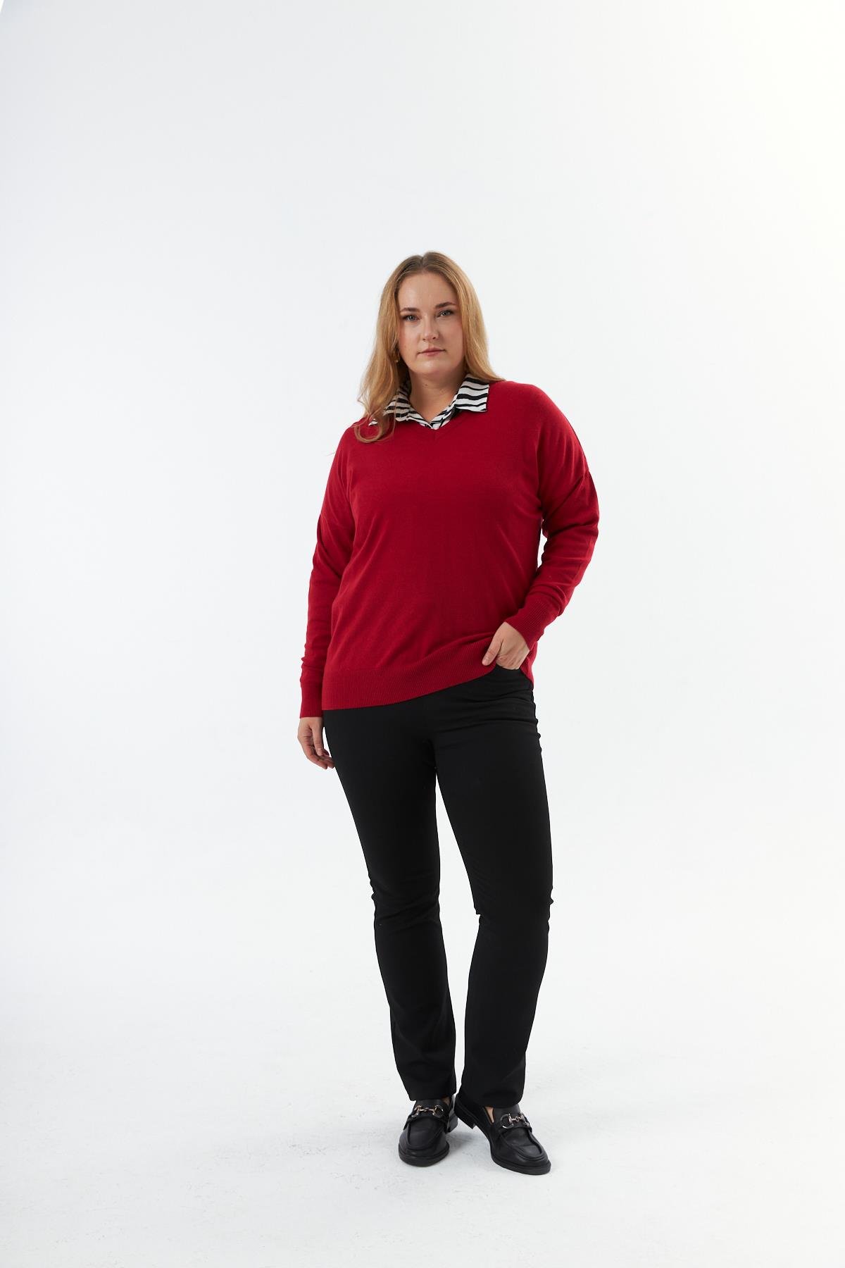 Büyük Beden V Yaka Triko Kazak Kırmızı