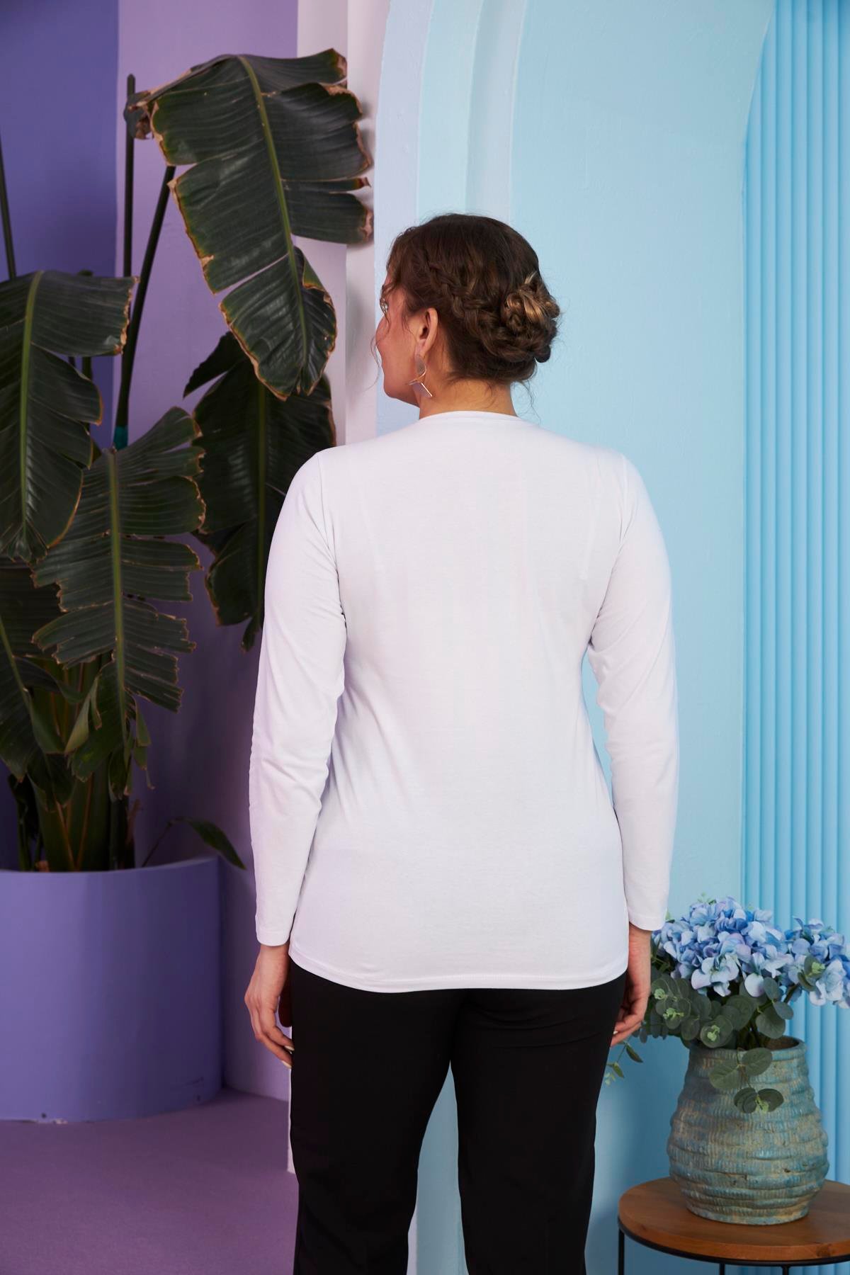 Rmg Bisiklet Yaka Uzun Kol Büyük Beden Beyaz Tişört