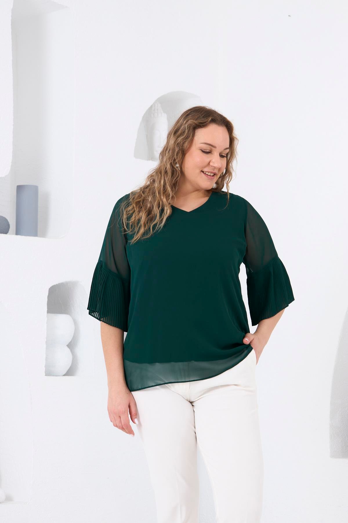 Rmg Kolları Piliseli Büyük Beden Zümrüt Bluz