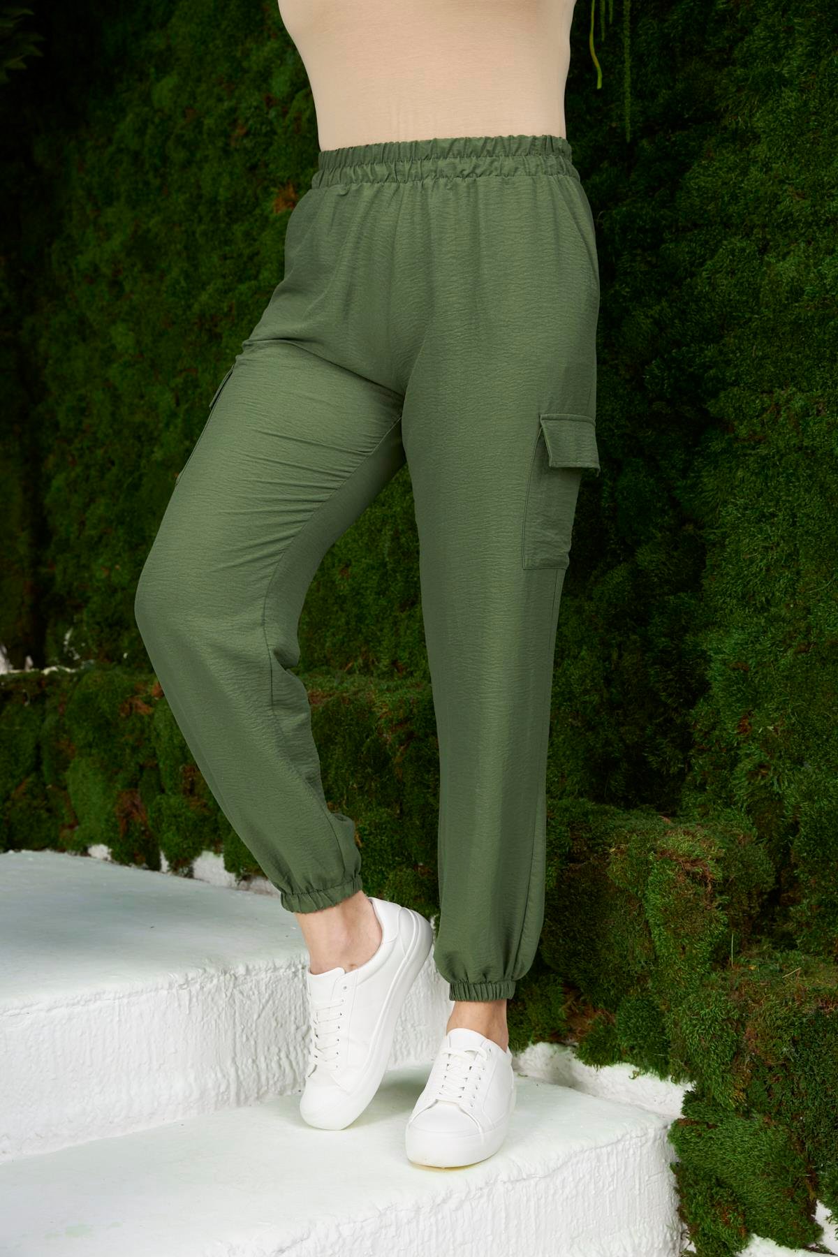 Rmg Beli Lastikli Kargo Cepli Büyük Beden Haki Pantolon