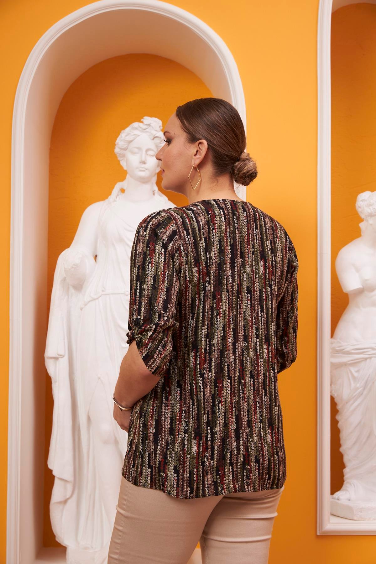 Rmg Cep Taş Detaylı Desenli Büyük Beden Haki Gömlek