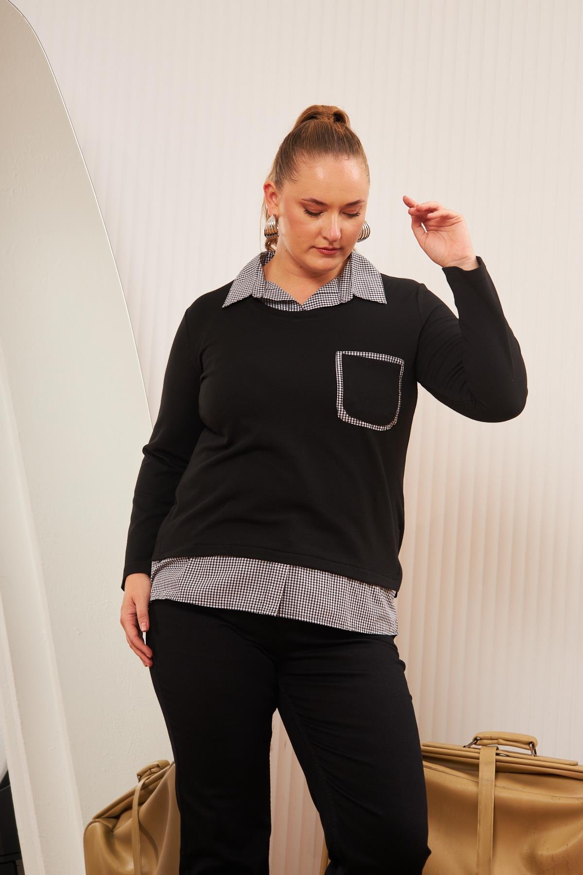 Rmg Cep Detaylı Ekoseli Büyük Beden Siyah Gömlek Bluz