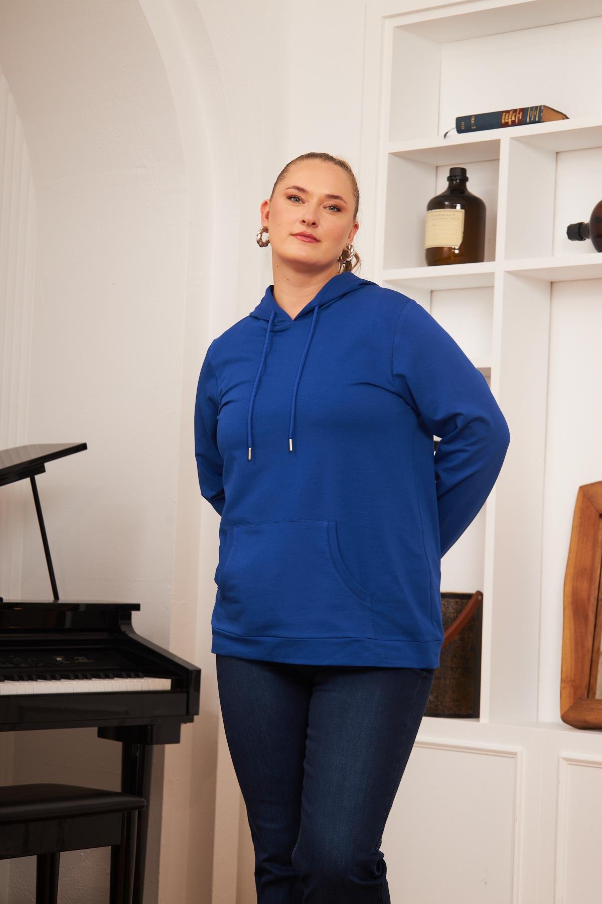 Rmg Kapşonlu Büyük Beden Saks Sweatshirt