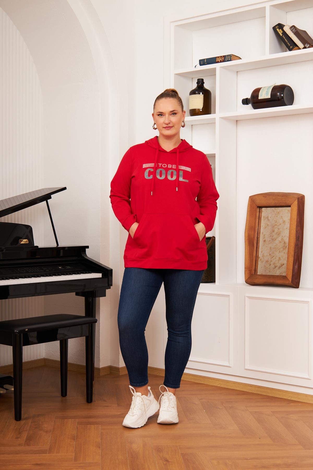 Büyük Beden Taş Baskılı Sweatshirt Kırmızı
