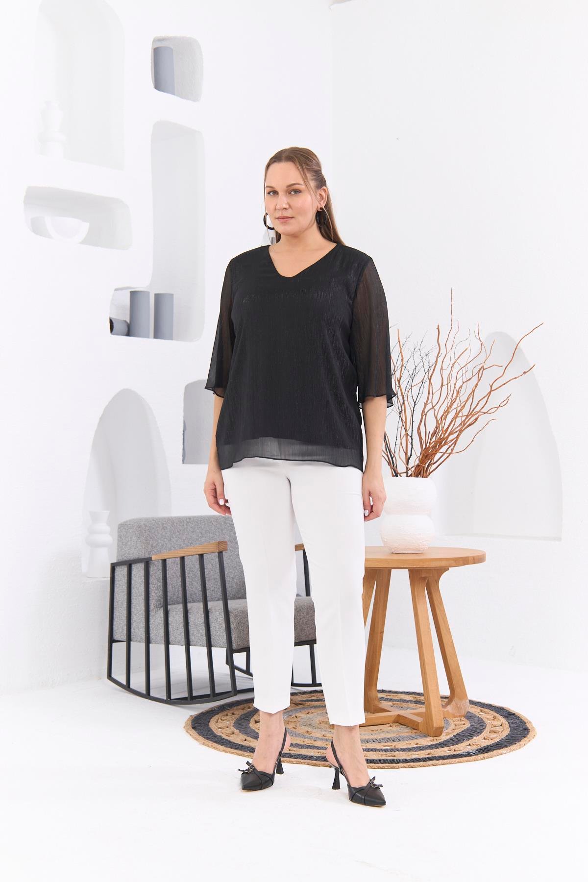 Rmg V Yaka Desenli Büyük Beden Siyah Bluz