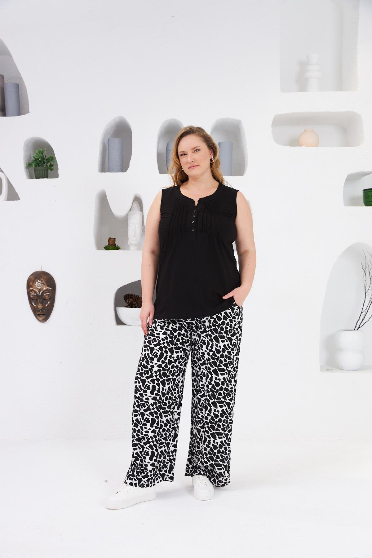 Desenli Büyük Beden Viskon Pantolon Siyah