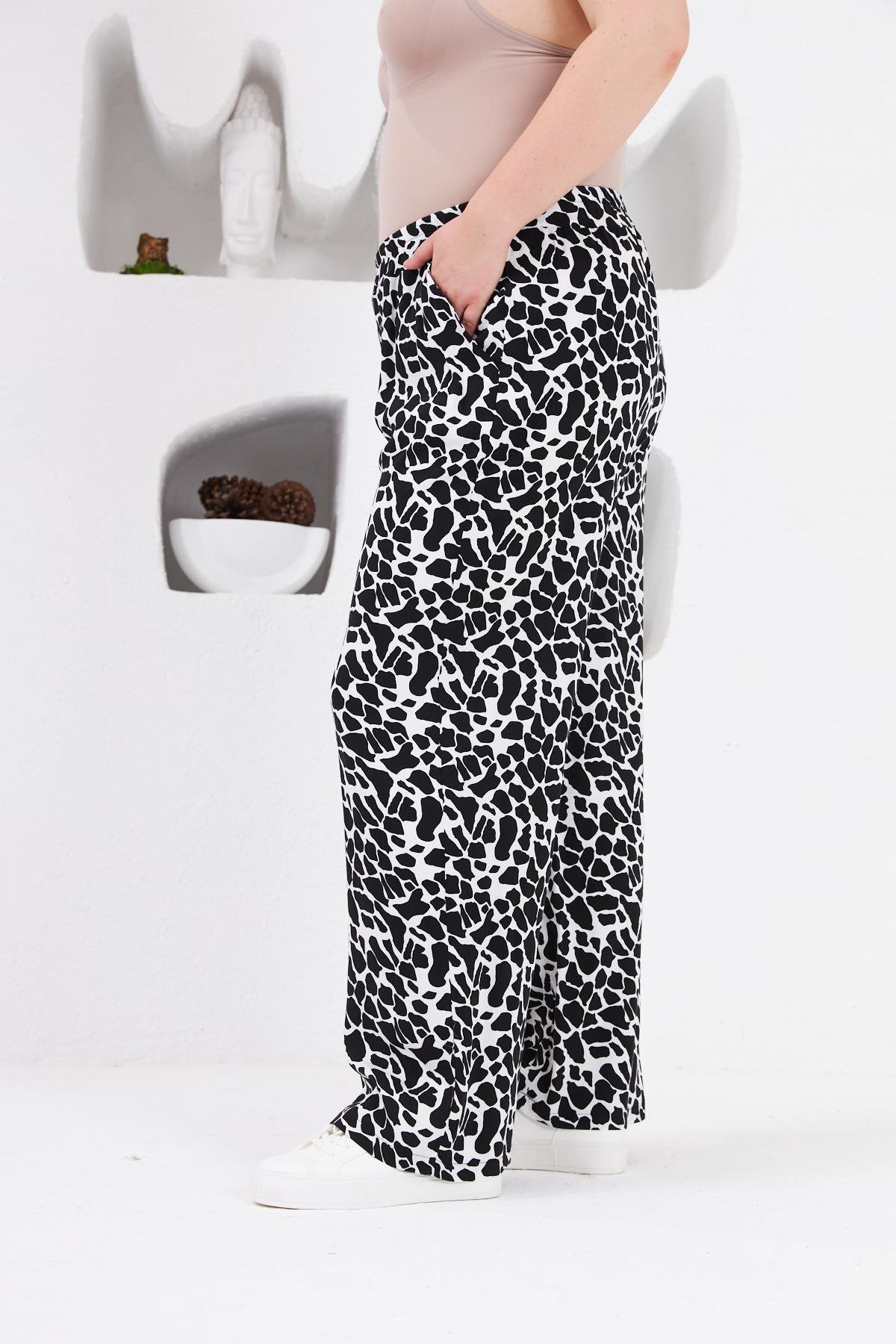 Desenli Büyük Beden Viskon Pantolon Siyah