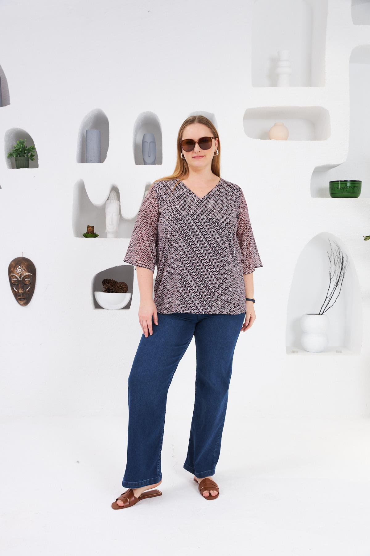 Desenli V Yaka Büyük Beden Şifon Bluz Lacivert