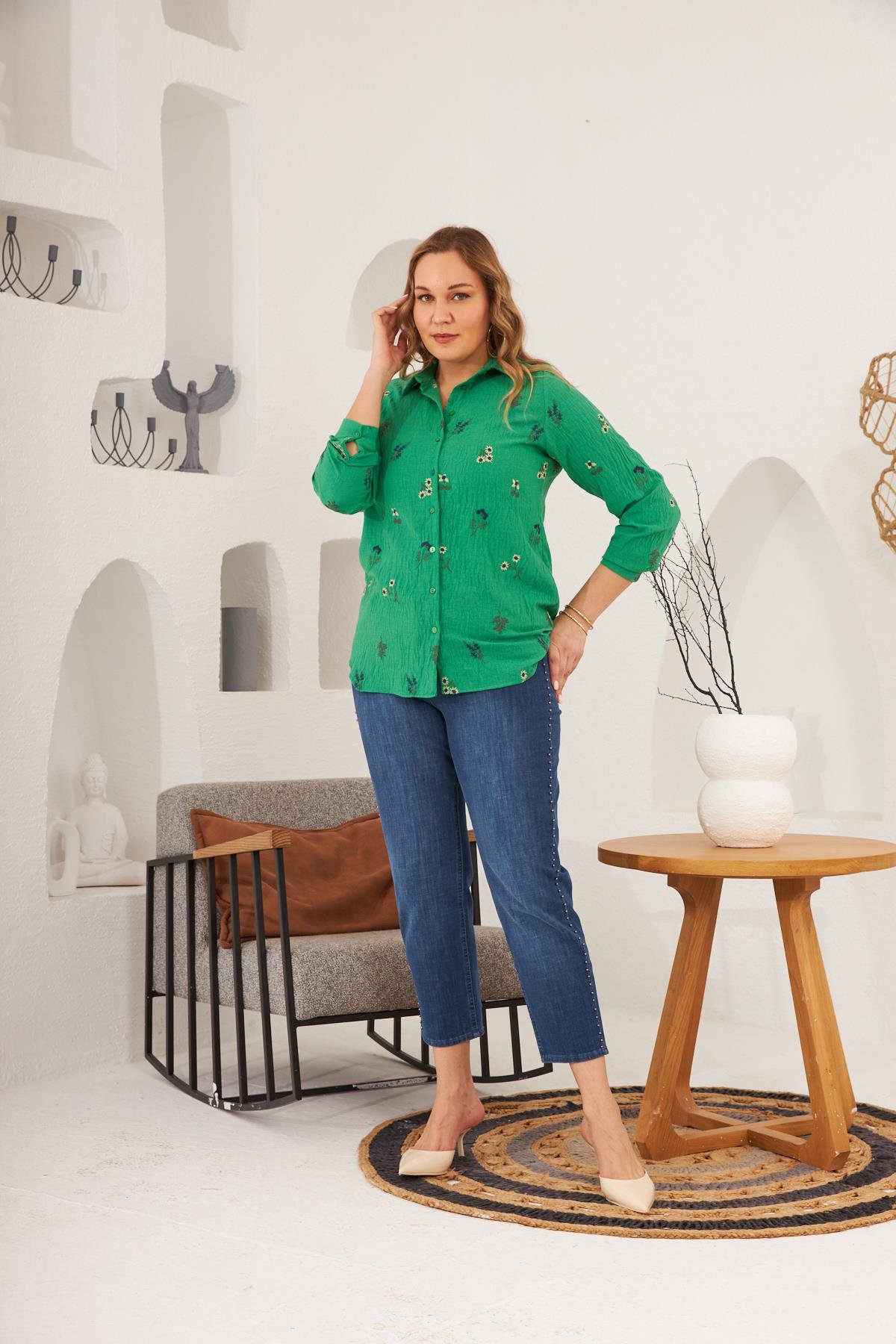 Rmg Nakışlı Büyük Beden Yeşil Gömlek