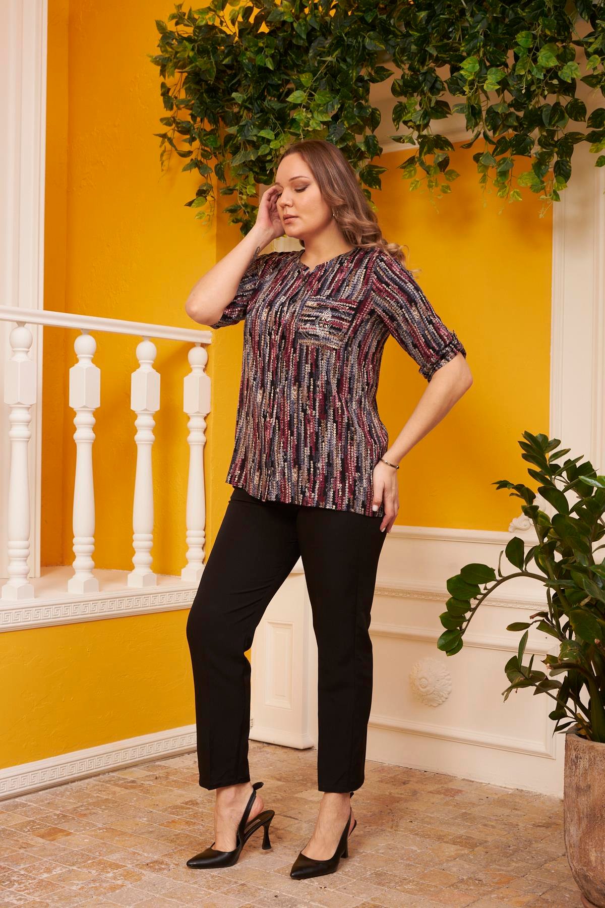 Rmg Cep Taş Detaylı Desenli Büyük Beden Bordo Gömlek