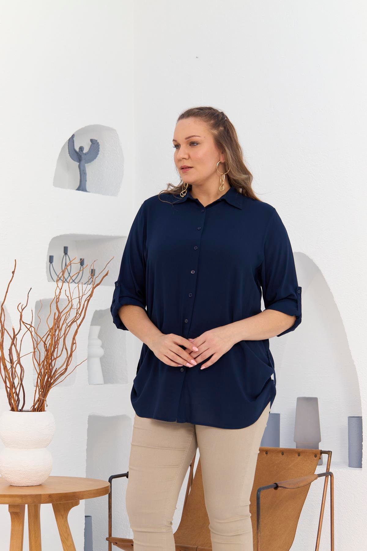 Rmg Yanları Apolet Detaylı Büyük Beden Lacivert Gömlek