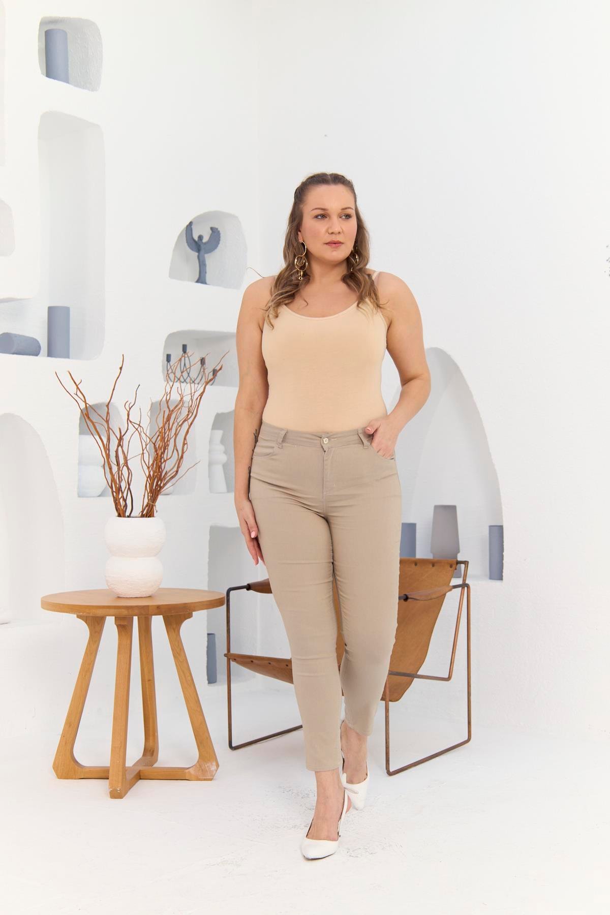 Rmg Bilek Paça Büyük Beden Krem Pamuk Pantolon