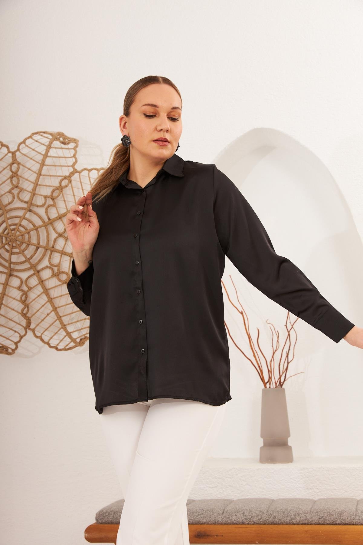 Rmg Uzun Kol Büyük Beden Siyah Saten Gömlek