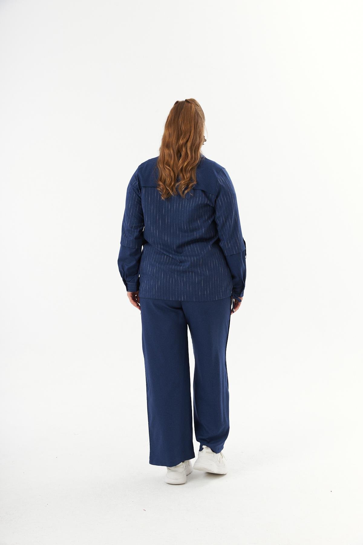 Büyük Beden Kolları Katlanabilir Takım Gömlek Pantolon İndigo