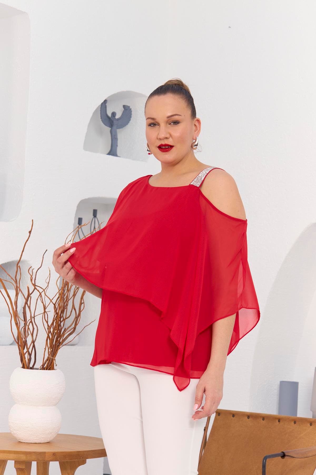 Rmg Omuz Taş Detay İçlikli Şifon Büyük Beden Bluz Mercan