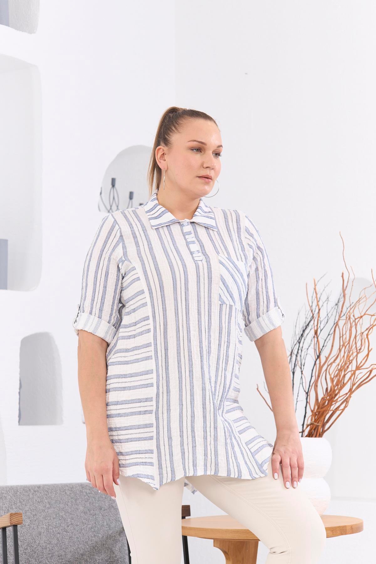 Rmg Asimetrik Kesim Çizgili Büyük Beden İndigo Tunik