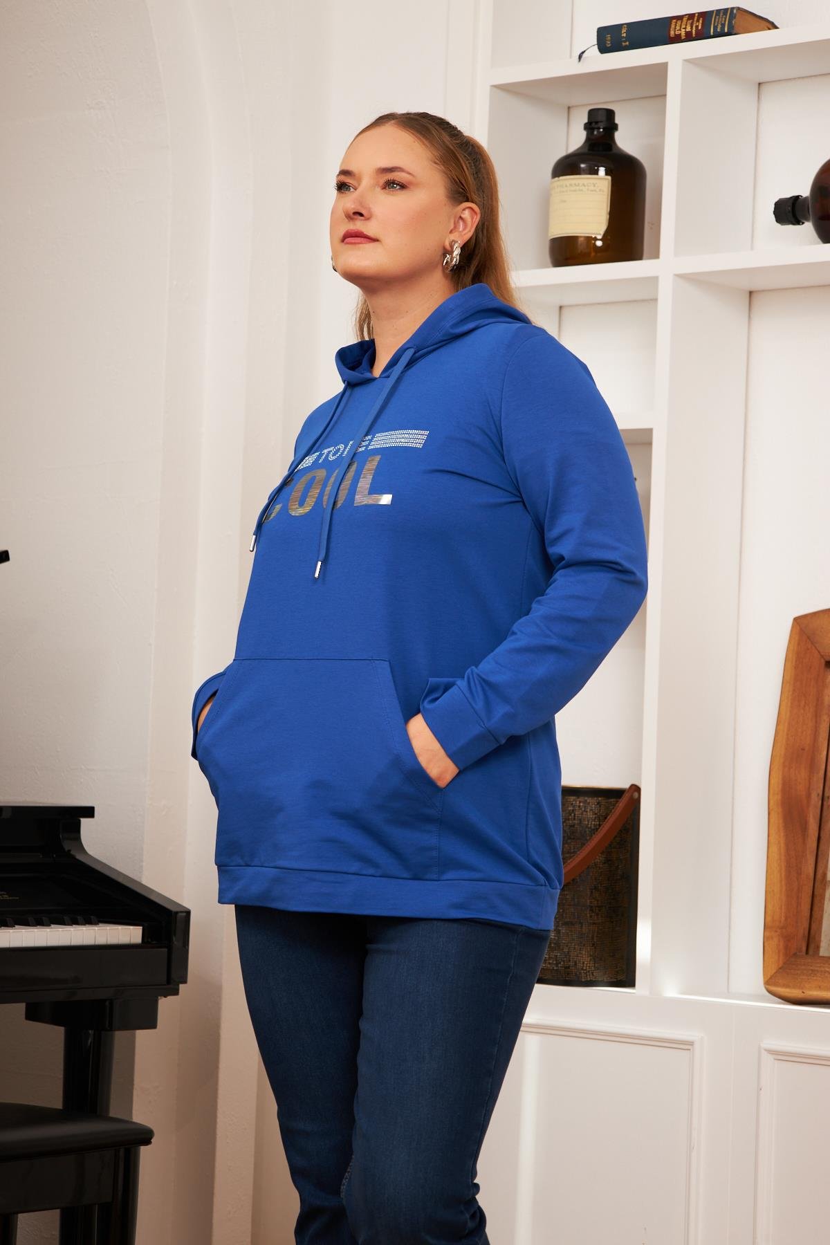 Büyük Beden Taş Baskılı Sweatshirt Koyu Petrol
