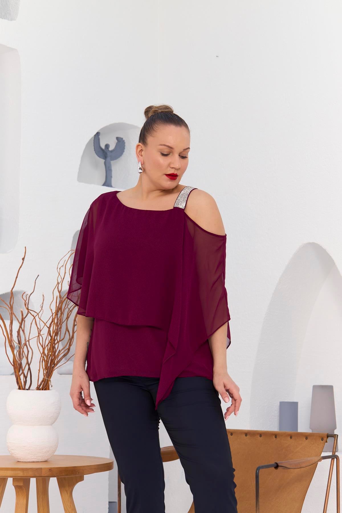 Rmg Omuz Taş Detay İçlikli Şifon Büyük Beden Bluz Violet