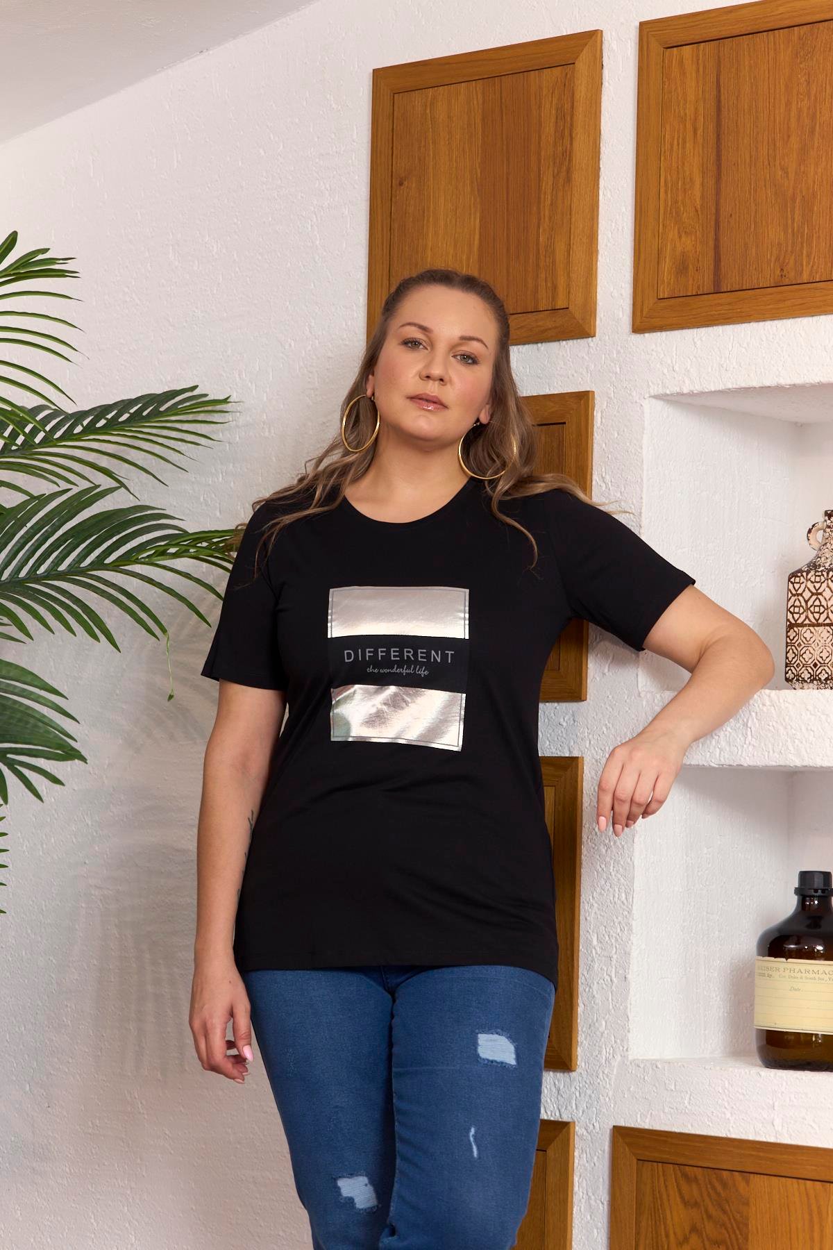 Rmg Varak Baskılı Büyük Beden Siyah Tişört